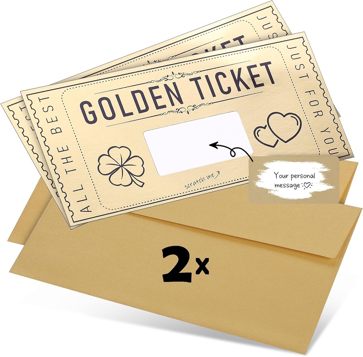 SnelShoppen - 2 x Gouden Ticket Pouch, Scratch Card Set met Envelop en Krabtools, Perfect voor Verjaardag, Huwelijk, Jubileum, Cadeaubon Ervaringen