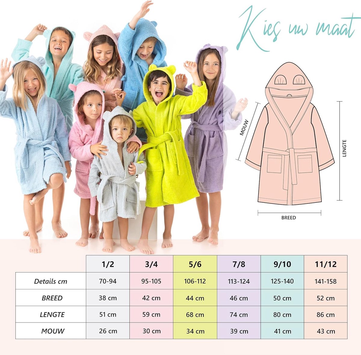 SnelShoppen - Kinderen Badjas met Oren, Unisex 100% Katoen, Oeko-Tex® Goedkeuring, 2 Zakjes, Met Ceintuur, Hoody, Perfect voor Meisjes, Jongens en Tie