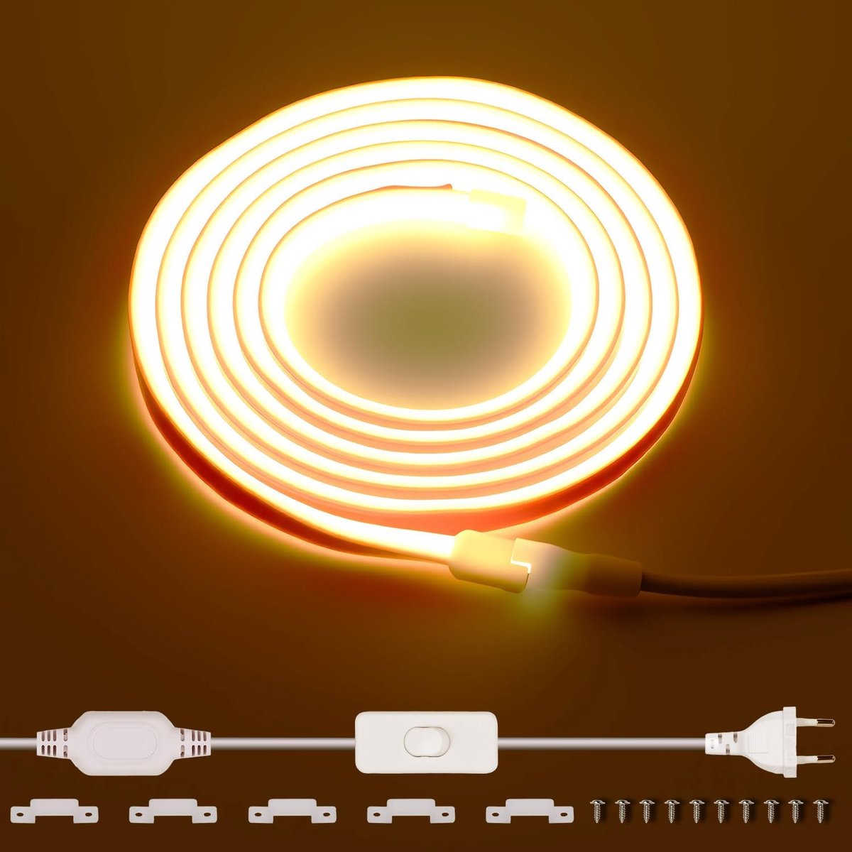 SnelShoppen - COB LED Strip 220V Waterproof 2m Warm Wit 3000K 288 LEDs/m Flexibel en Snijbaar met Schakelaar IP65 voor Tuin en Keuken