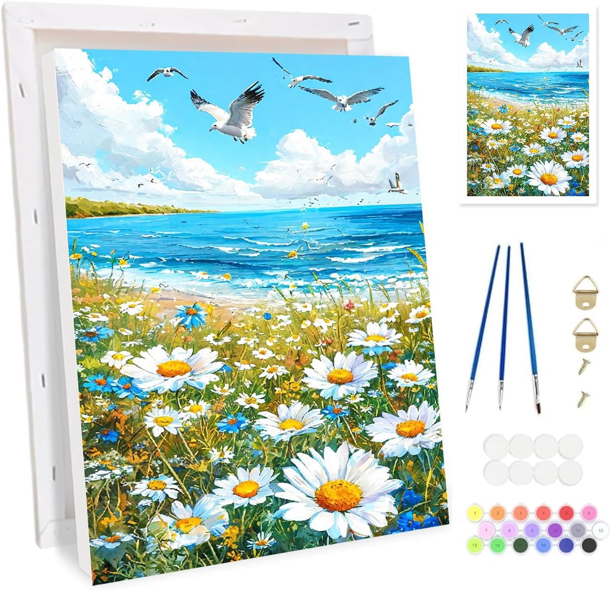 SnelShoppen - Paint by Numbers Set voor Volwassenen - Bloemen Strand Schilderij Kit met Lijst - Inclusief Canvas, Penseelset, Acrylverf, DIY Kleur Sch