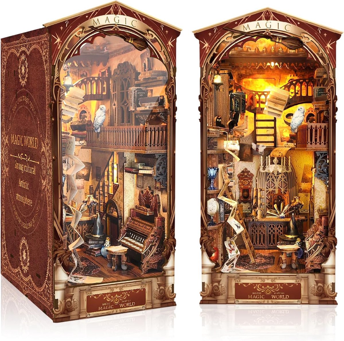 SnelShoppen - DIY Magic World Boek Nook Kit, Miniatuur Huis Set met LED Licht en Stofhoes, Houten 3D Puzzel Boeksteun voor Creatieve Decoratie en Cade