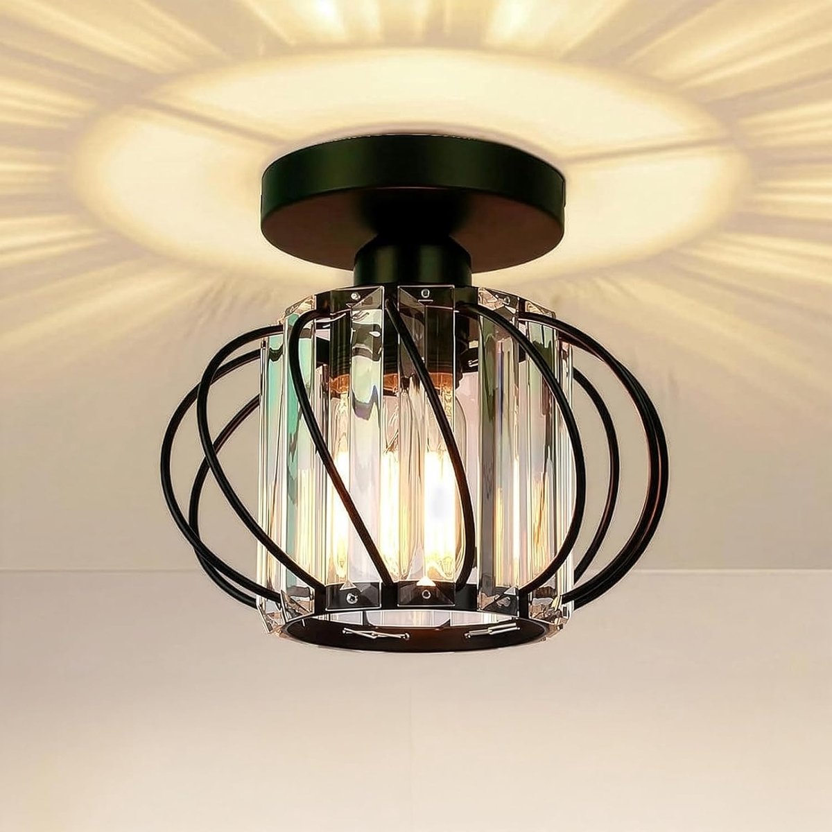 SnelShoppen - Moderne Zwarte Kristallen Plafondlamp 19 cm - Elegante E27 Hanglamp voor Slaapkamer, Woonkamer, Keuken, Hal - Luxe Design van Metaal en
