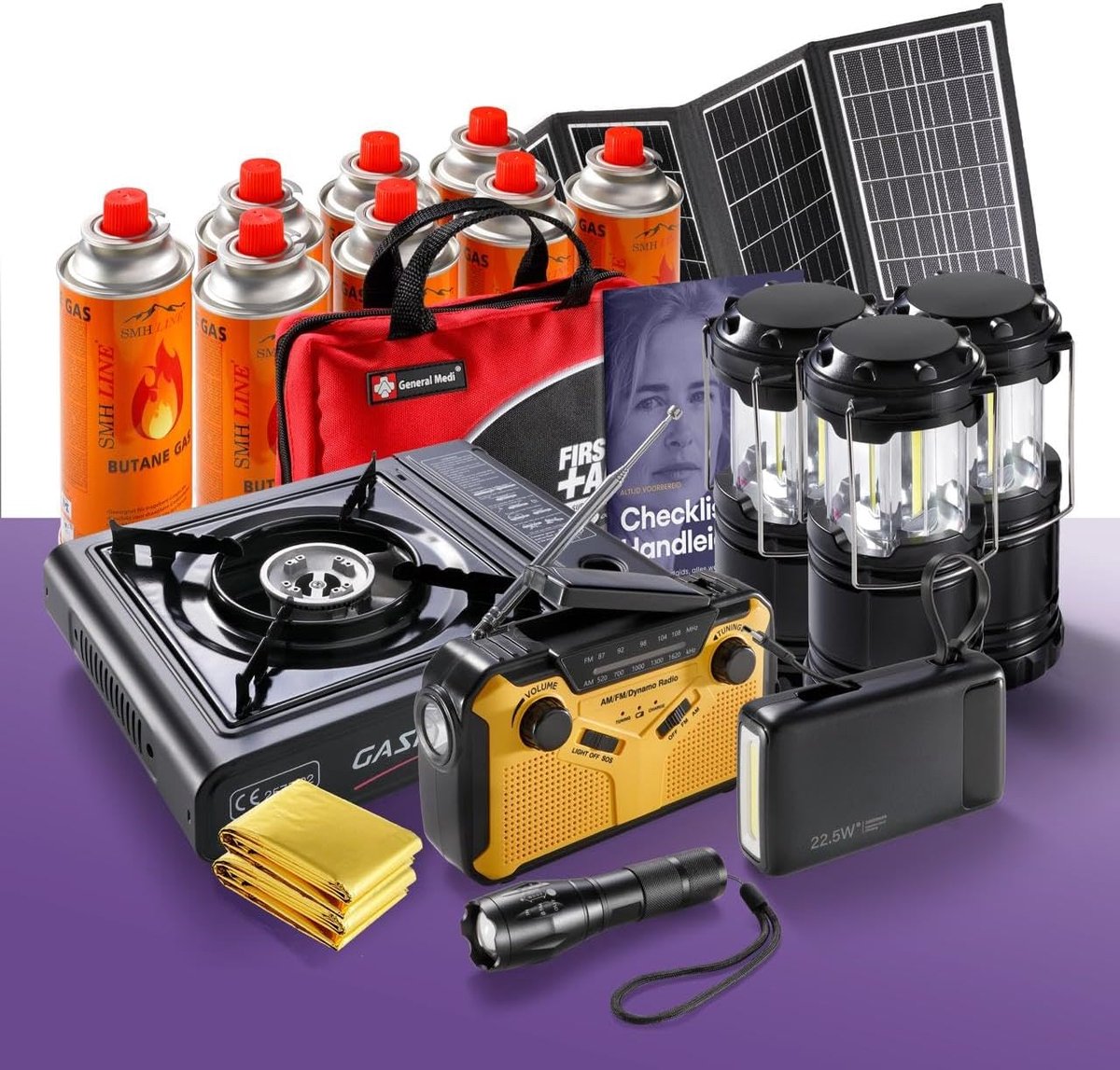 SnelShoppen - 72-Uur Noodpakket met Waterfilter, Powerbank, Draagbare Gasfornuis, Noodradio, LED-Lantaarns, EHBO-Kit en Meer voor Camping, Noodsituati