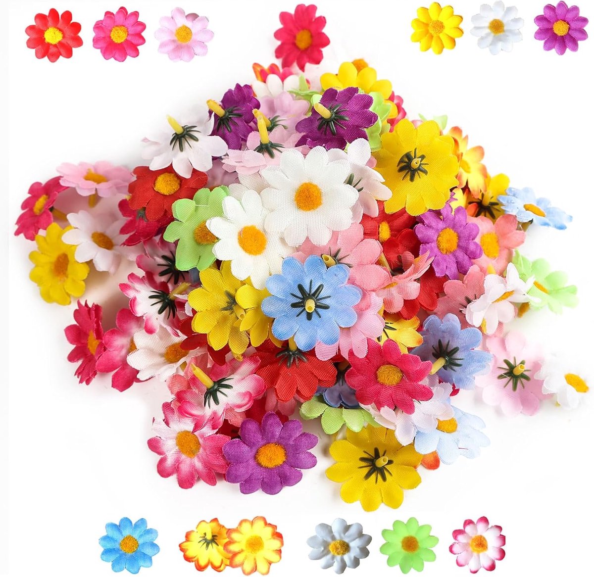 SnelShoppen - 120 Stuks Kunstbloemen Daisies Hoofden - Kunstmatige Bloem Koppen - Nepp bloemen van Hoogwaardige Plastic - Vrolijke Kleuren voor Feest,