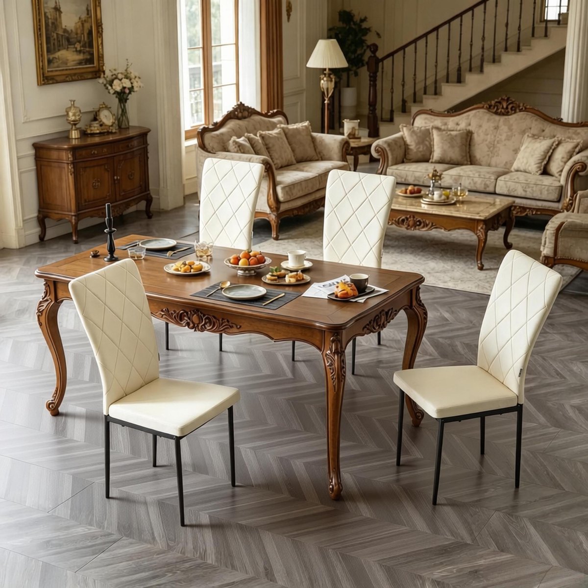 MEUNIQ Eetkamerstoelen set van 4 in crème velvet met metalen onderstel, hoge rugleuning en