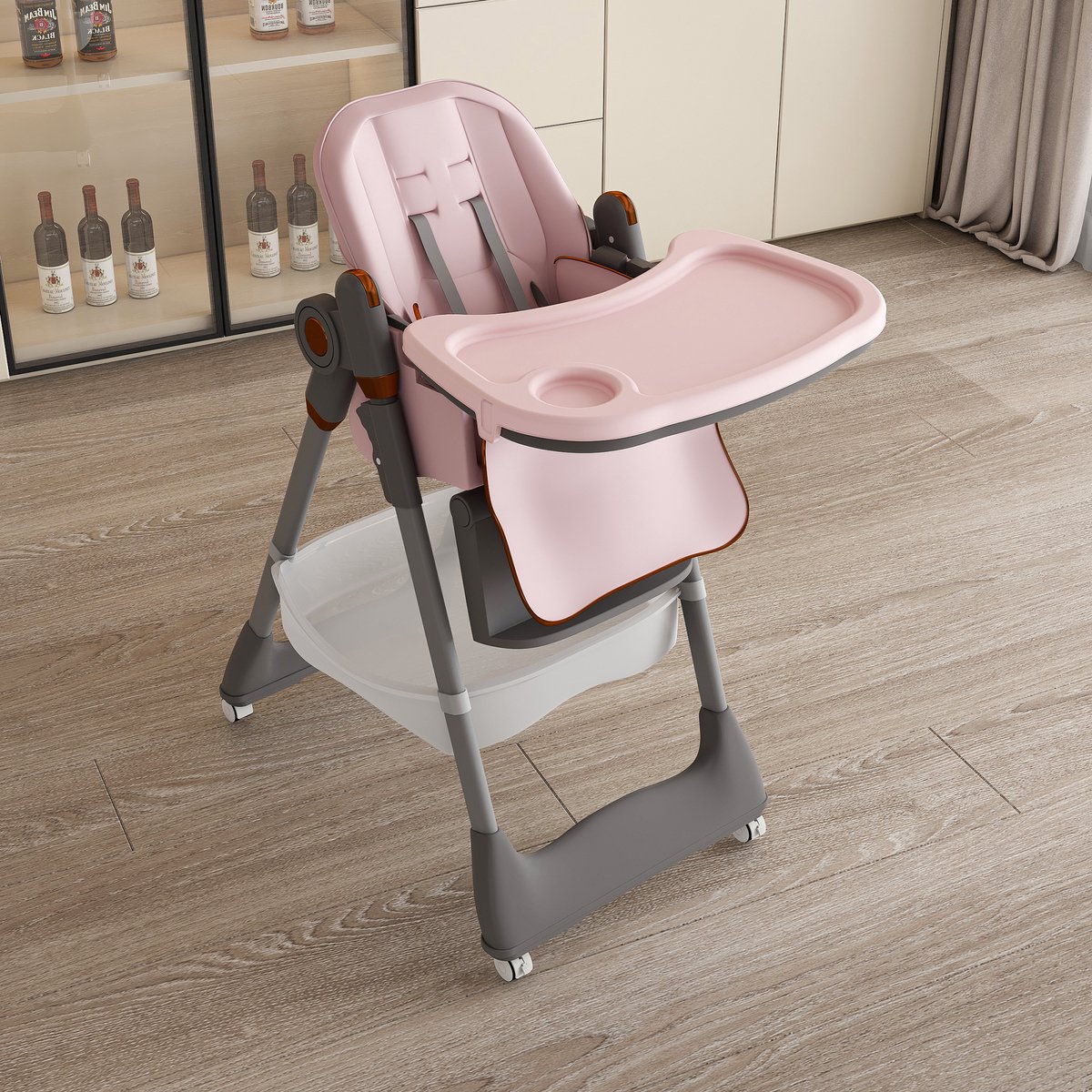 MIVRAY Kinderstoel – Verstelbaar En Opvouwbaar – 53 X 31 X 90 Cm – Staal Polypropyleen Polyurethaan – Roze – Met Veiligheidsgordel En Wielen