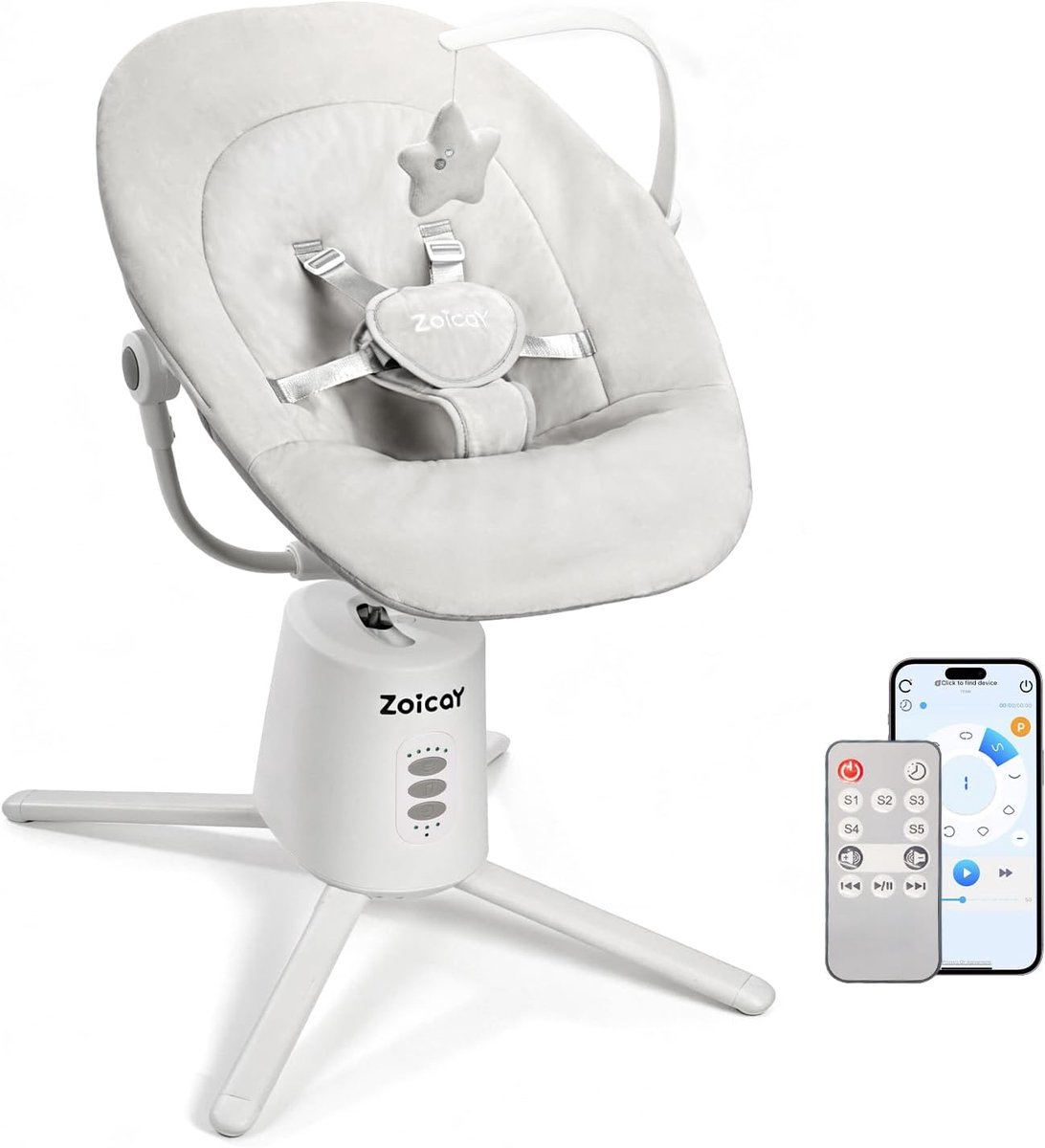 SnelShoppen - Babywip Verstelbaar met Rugleuning, Elektrisch, 3 Zwenkmodi, Afstandsbediening, Bluetooth, Timing en Muziekfunctie, Draagbaar Wit voor B
