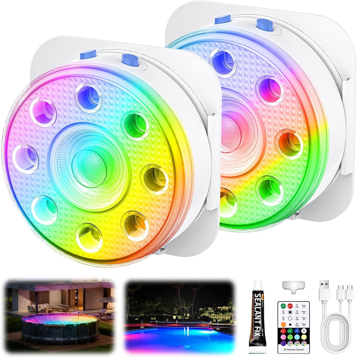 SnelShoppen - Zwembadlamp met Afstandsbediening, 2 Oplaadbare RGB LED-drijvende Verlichting, Waterdicht IP68, Onderwater Lamp voor Badkuip, Vijver en