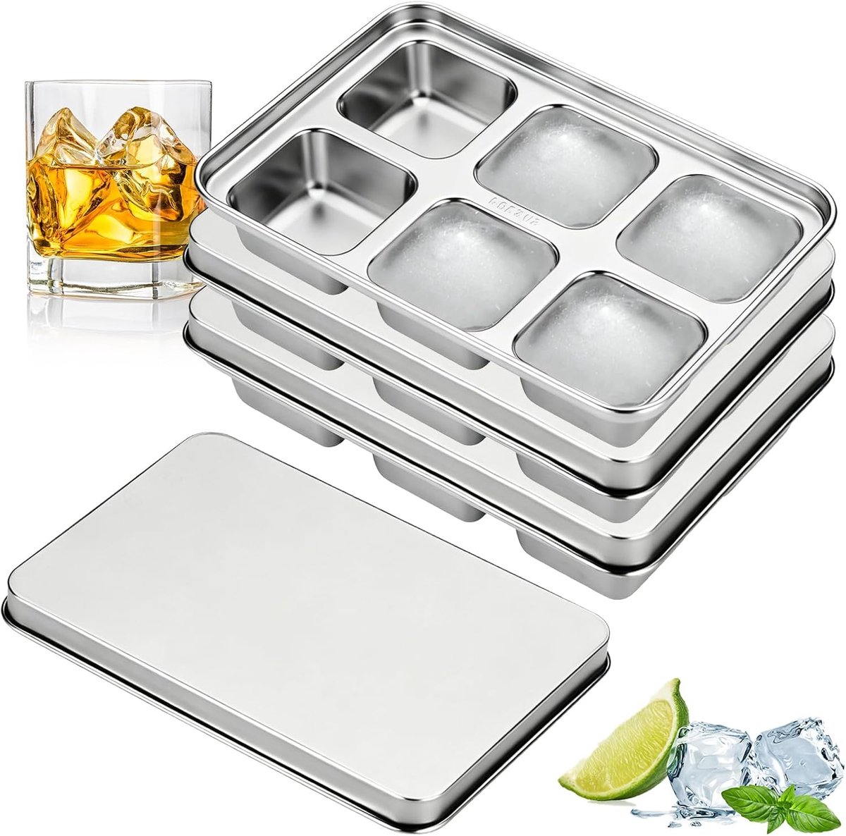 SnelShoppen - Set van 3 Roestvrij Stalen IJsblokjesvormen met Deksel - Grote IJsblokjesvorm voor Cocktails, Whiskey - 6 Vakken - BPA-vrij voor Keuken
