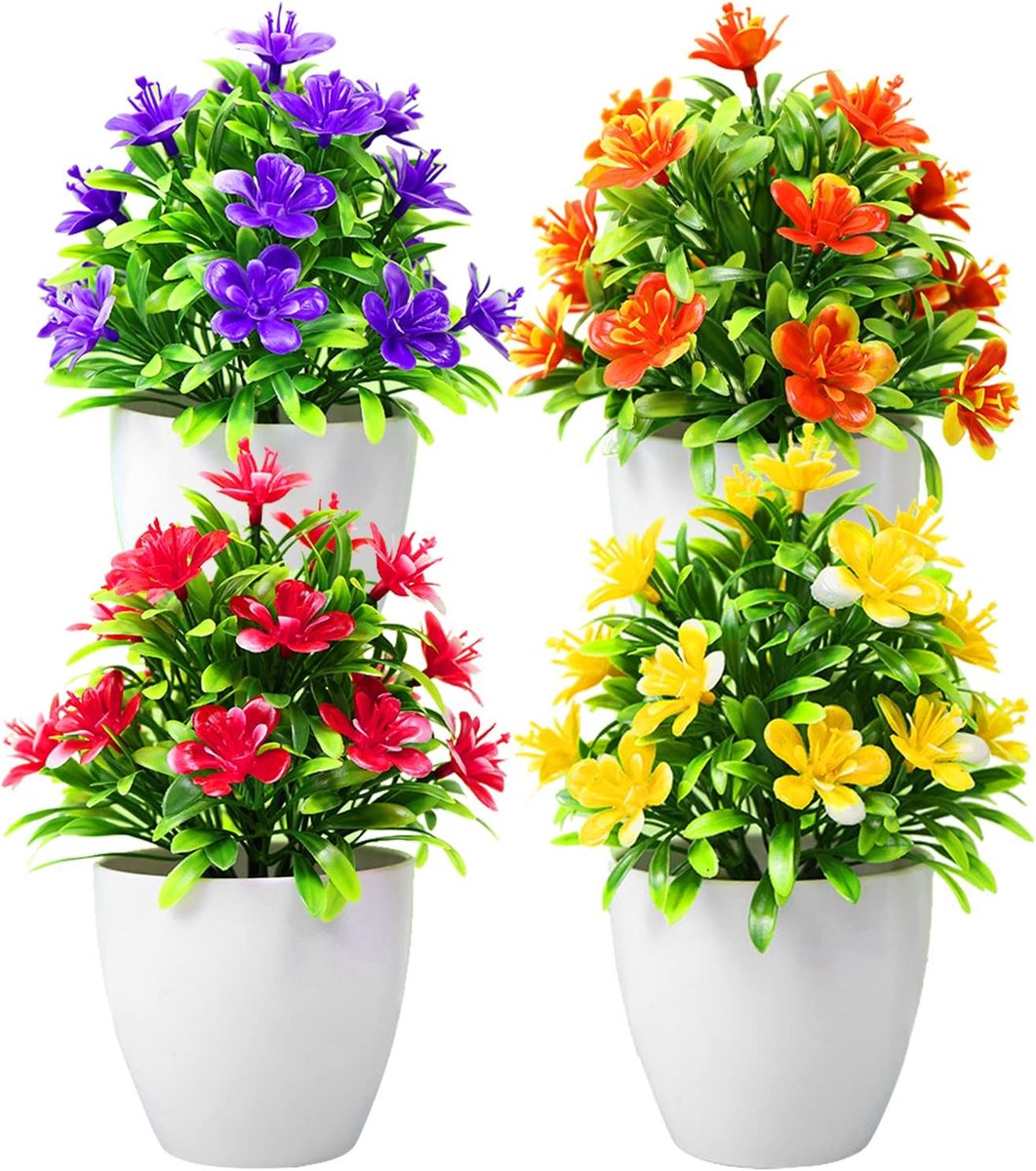 SnelShoppen - 4 stuks kunstbloemen in pot mini levensechte nepplanten - plastic kunstplanten voor binnen en buiten - decoratie voor thuis, cafés, kant