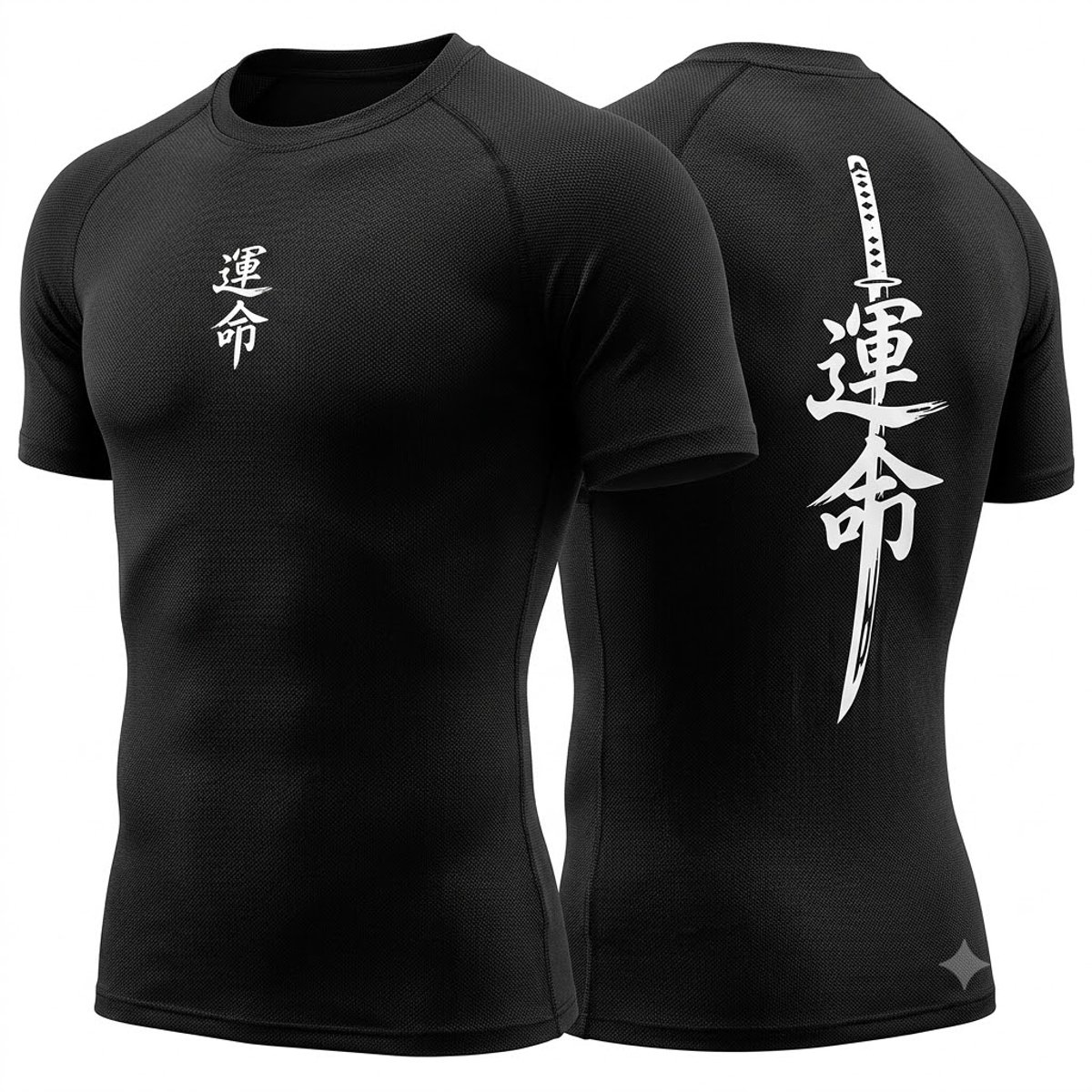 Zwart compressie shirt heren dames sportshirt korte mouw vechtsport shirt fitness shirt hardloop shirt aansluitende pasvorm met witte rugprint en borstprint maat XL