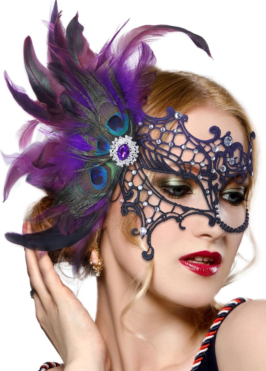 SnelShoppen - Kanten masker met veren, elegant oogmasker voor carnaval, gemaskerd bal, avondjurk, balfeest, zwart, luxe en stijlvol