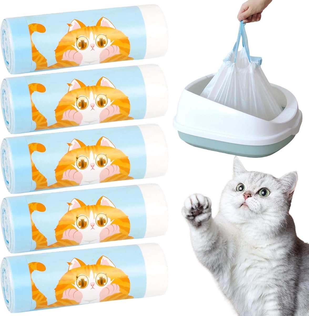 SnelShoppen - 100 Stuks Kattenbak Afvalzakken 58x35 cm met Trekkoord - Duurzame Scheurvaste Vuilniszakken voor Zelfreinigende Kattentoilet - Vloeistof