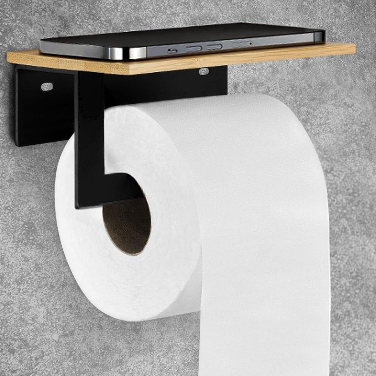 Thijox - Toiletrolhouder zonder boren met plank - WC Papierhouder Zwart Mat met Bamboe Plaat - Zelfklevende Toiletpapierhouder voor Badkamer en Toilet