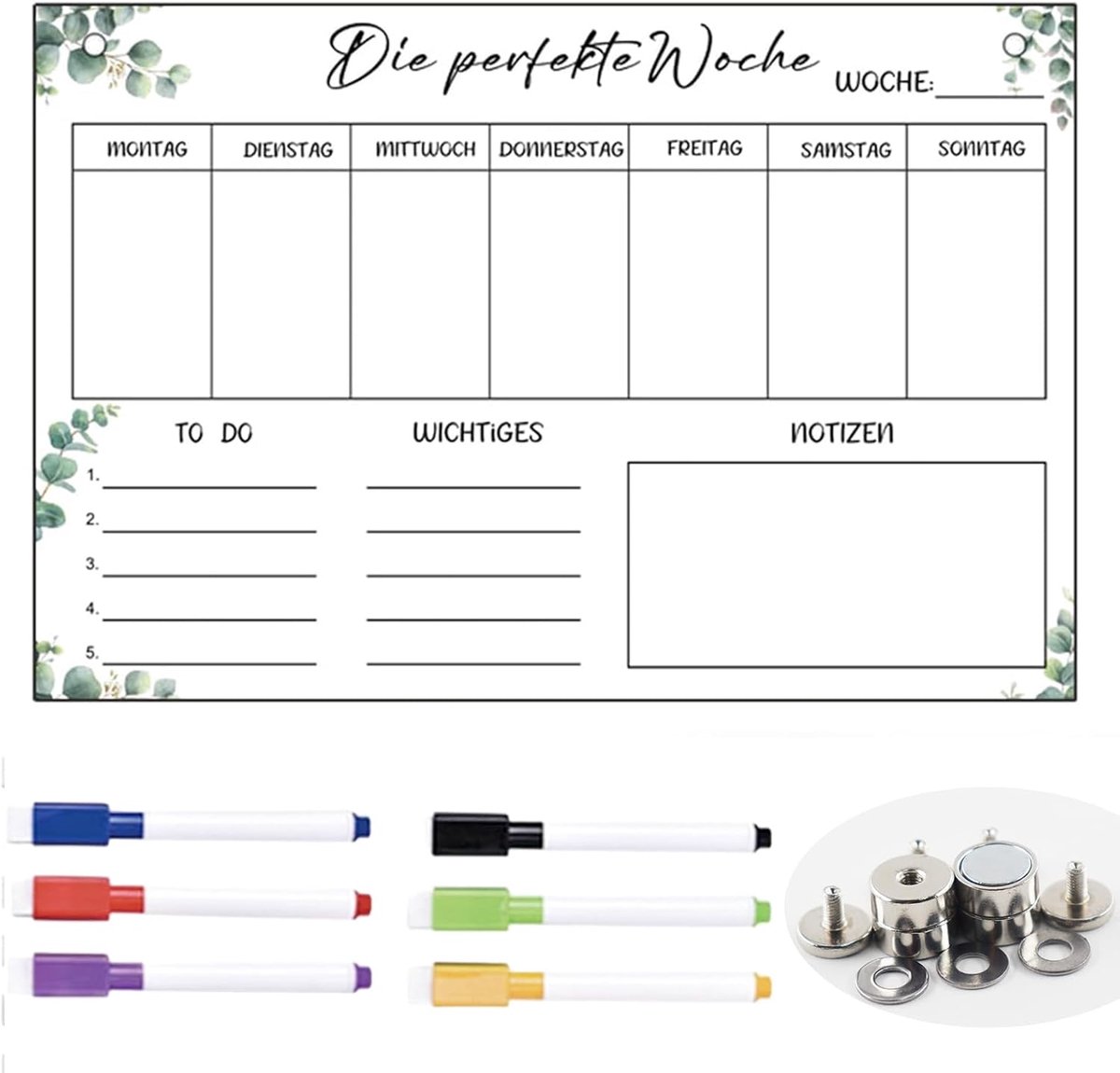 SnelShoppen - Magnetische Weekplanner 30x20 cm - Zelfklevend, Afwasbaar, Met 6 Whiteboard Markers - Koelkastplanner, Fitnessplanner, Memobord - Duits