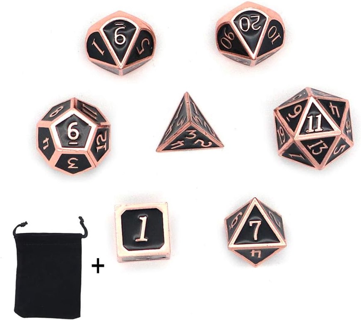 SnelShoppen - 7-delige metalen polyedrale dobbelstenen set - D4, D6, D8, D10, D12, D20, D% - perfect voor Dungeons and Dragons, RPG's, wiskundeonderwi