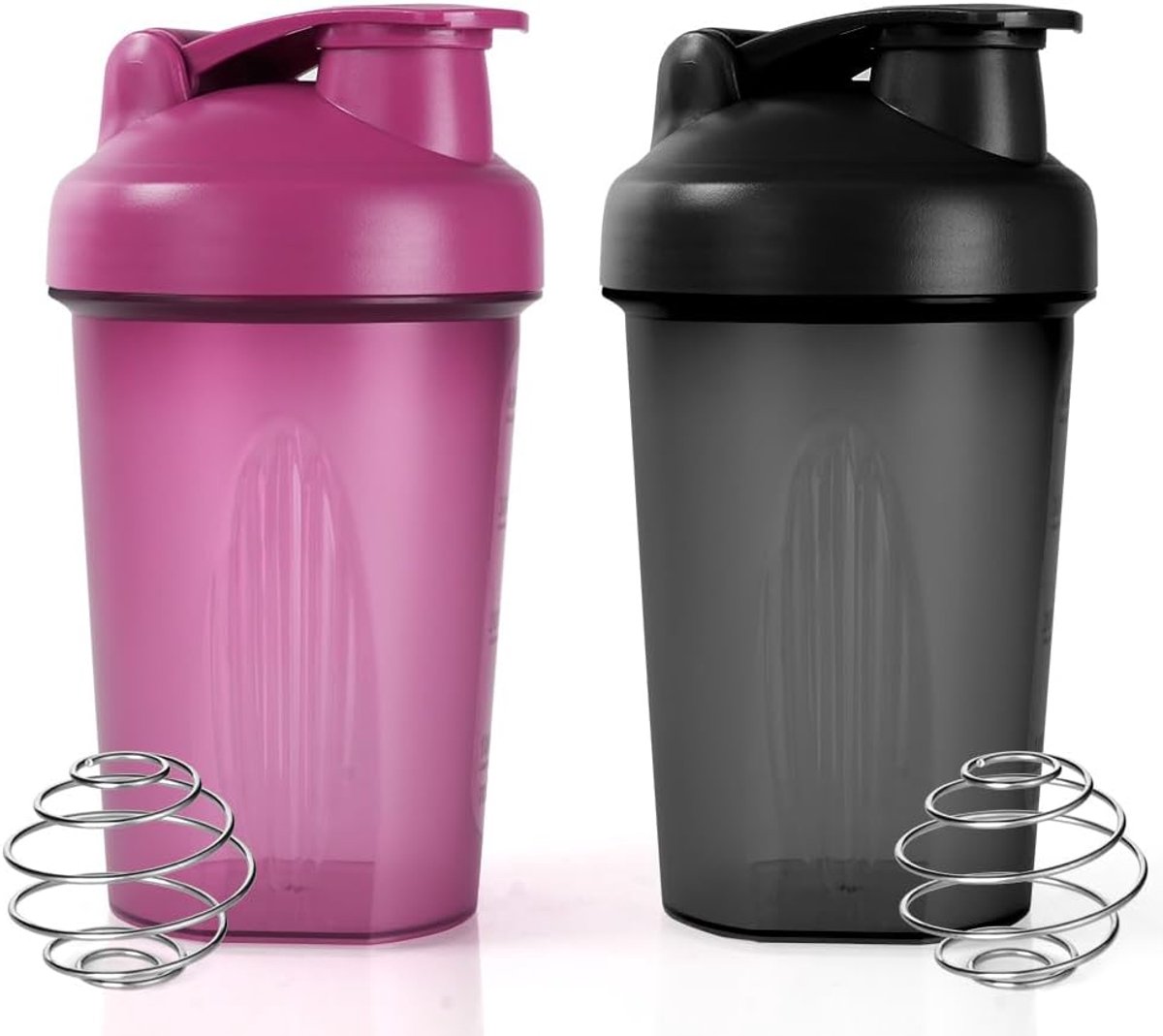SnelShoppen - 2-pack eiwit shaker fles 500ml met roestvrijstalen mengbal, BPA-vrij, lekvrije flip flop deksel, zwart + paars, ideaal voor sport & kant