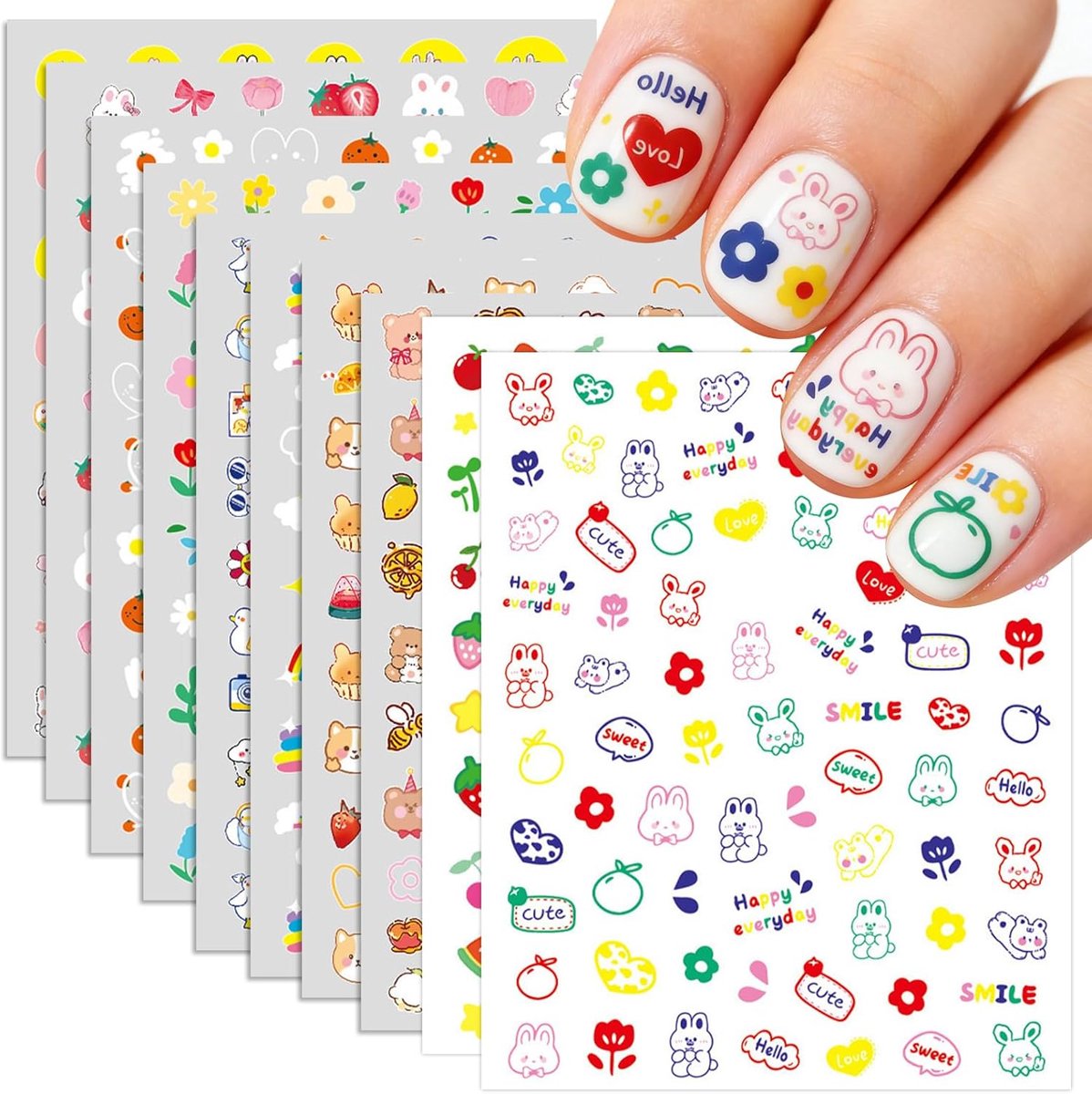 SnelShoppen - Nagelstickers 10 stuks, Zelfklevende Dieren, Fruit, Strik, Bloemen, Hart en Ster Stickers voor Meisjes, Verjaardag en Kerstcadeau