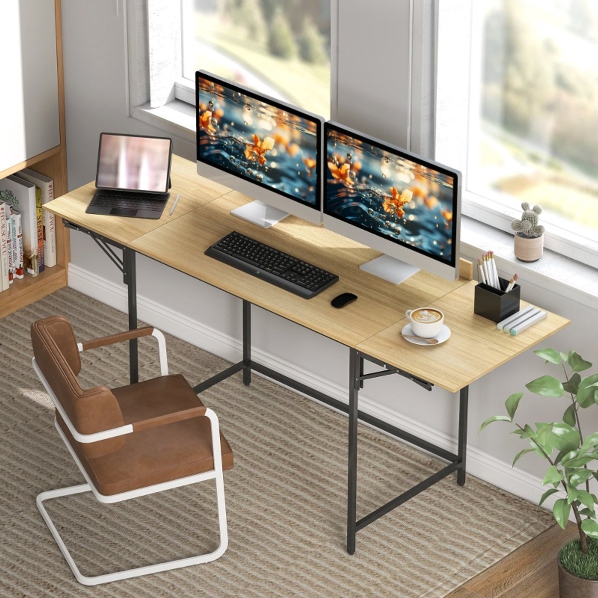 OKWISH Bureau - Klapbaar En Uitschuifbaar Tafelblad - 170x58x78 cm - Voor Thuiswerkplek - Houtlook Eiken En Zwart Metaal