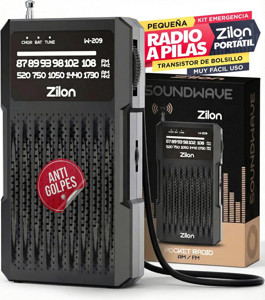 SnelShoppen - Draagbare ZILON Radio met Batterijen, Kleine Analoge FM Transistor, Hoofdtelefoon Ingang, Noodset, Schokbestendig, Ideaal voor Ouderen e