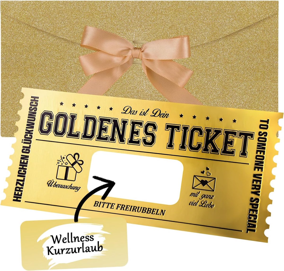 SnelShoppen - Gold Ticket Gift Card met Scratch Stickers, DIY Cadeau voor Vrouwen, Verjaardag, Valentijn, Cinema, Reizen - 1 Set in Goud