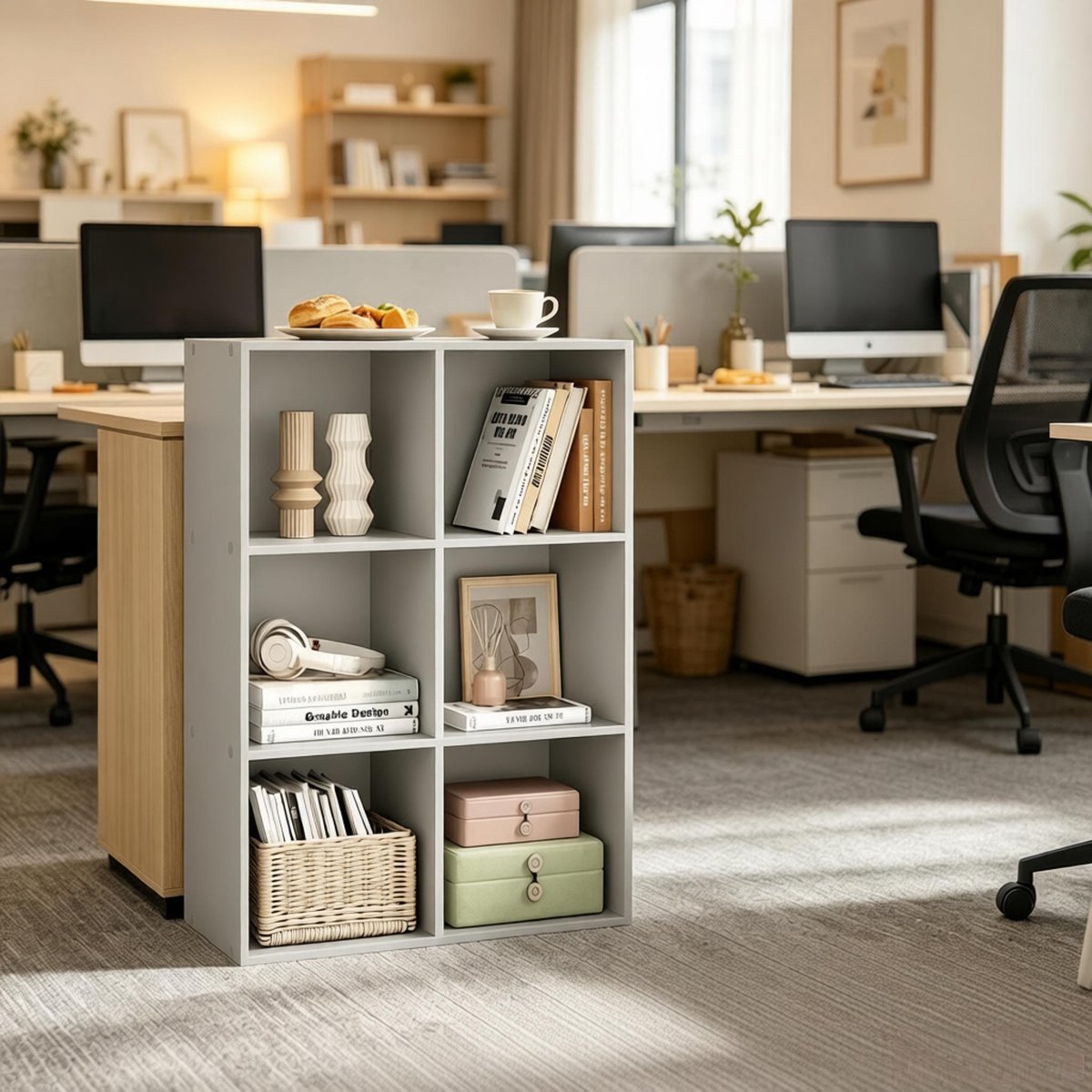 OKWISH Boekenkast Open Vakkenkast – 59,6 X 89 X 29 Cm – Bewerkt Hout Met Fineer – Grijs – Vrijstaand Opbergrek Voor Woonkamer Of Kantoor