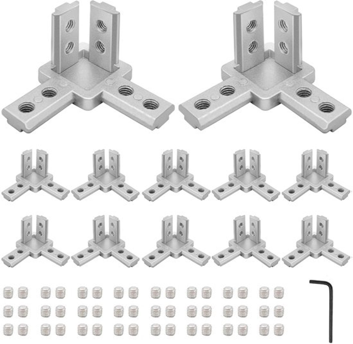 Zwarte 12 stuks 3030 3-Weg Hoekbeugels Connector Set Zilver met 96 stuks M4 Schroeven en 1 stuk M3 Sleutel voor 30x30 Serie Aluminium Extrusie Profiel