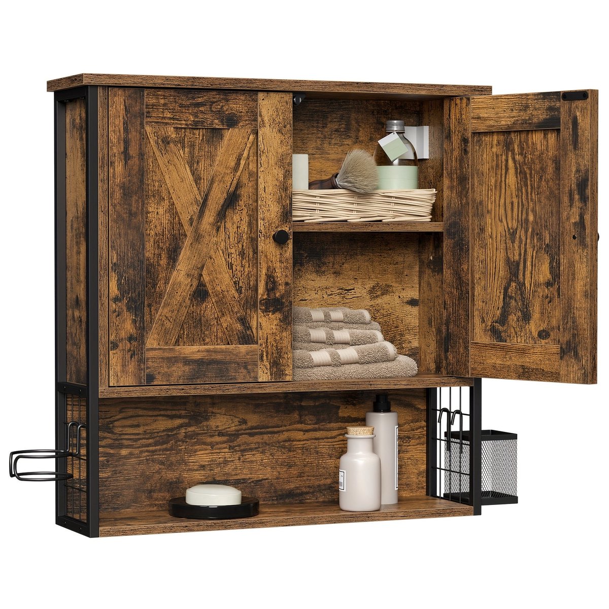 Home & Beyond® Badkamer Wandkast met 2 Deuren en Open Vak - Föhn- en Borstelhouder - Rustiek Bruin en Zwart - 60 x 16 x 60 cm