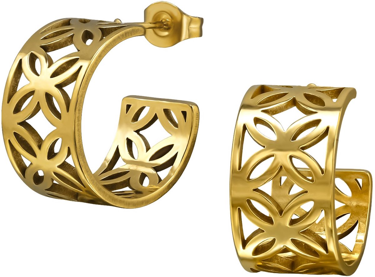 Joy Ibiza - bloem oorbellen 16 mm - oorringen met bloemen - stud - 10 x 16 mm - vlinder sluiting - bloemetjes fantasie - chirurgisch staal - ip/pvd gold plated