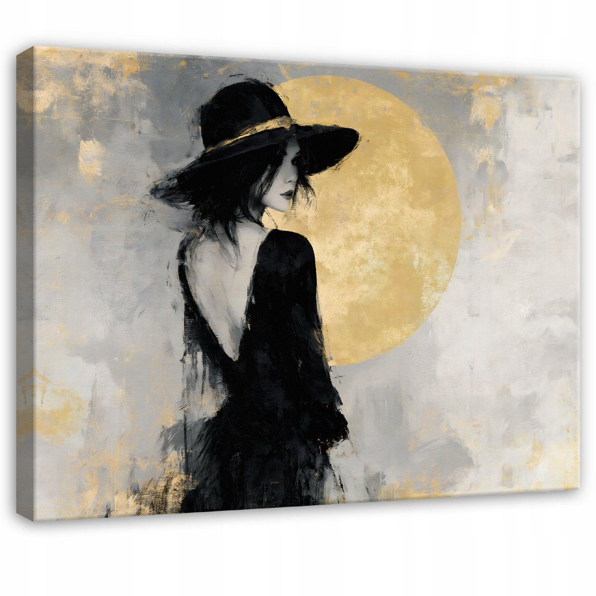 WALLARENA - Schilderij op canvas 90x60 cm - canvas schilderij - vrouw met hoed betonlook - voor slaapkamer en woonkamer - op doek