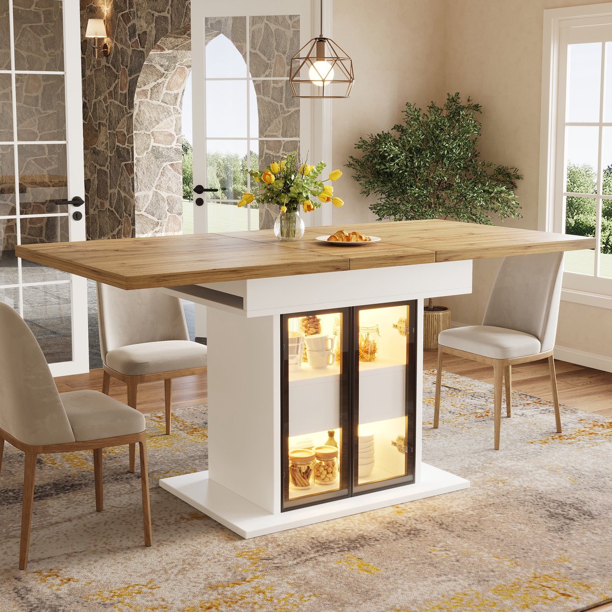 Sweiko Uitschuifbare Eettafel - Opbergruimte - LED-verlichting - Glazen schuifdeuren - 110-140 x 80 x 78 cm - Wit + Naturel