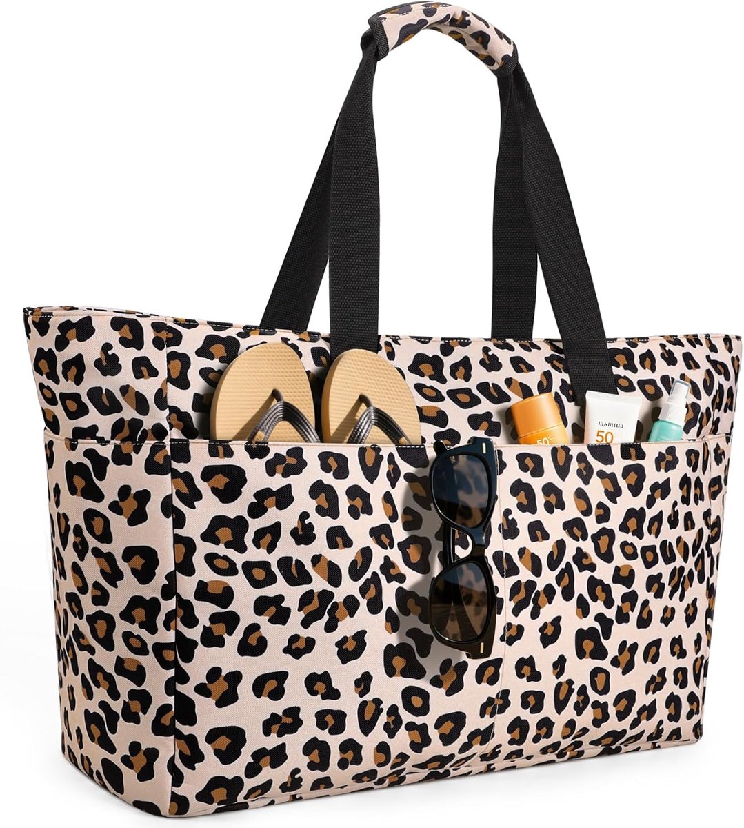 SnelShoppen - ISEYOU Waterdichte Strandtas Dames XXL 45L met Ritssluiting en 8 Vakken - Opvouwbare Luipaard Print Reis- en Picknicktas voor Vakantie