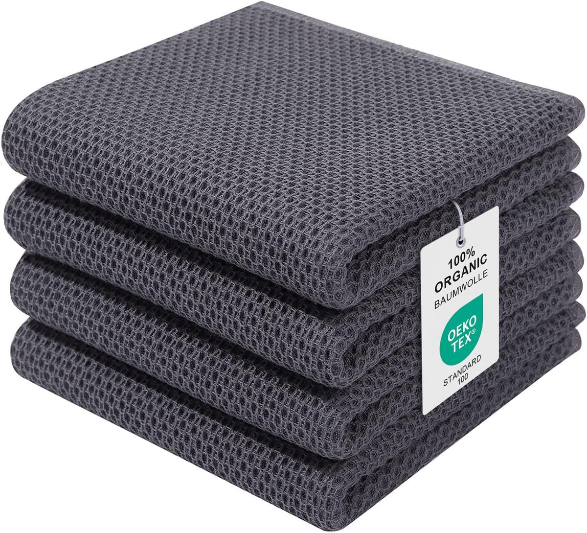 SnelShoppen - Moosfor Theedoeken 100% Katoen - 4 Stuks Donkergrijs - Zachte en Absorberende Keukendoeken 32x72 cm - Pluisvrije Vaatdoeken voor Keuken