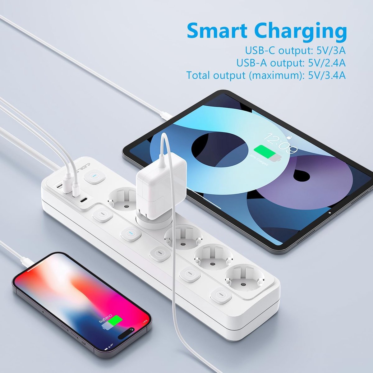 Thijox - USB-stekkerdoos met 5 stopcontacten, individuele schakelaar, 4 USB-poorten (2 USB A + 2 USB C), 2 m kabel, wit, ideaal voor thuis, kantoor en