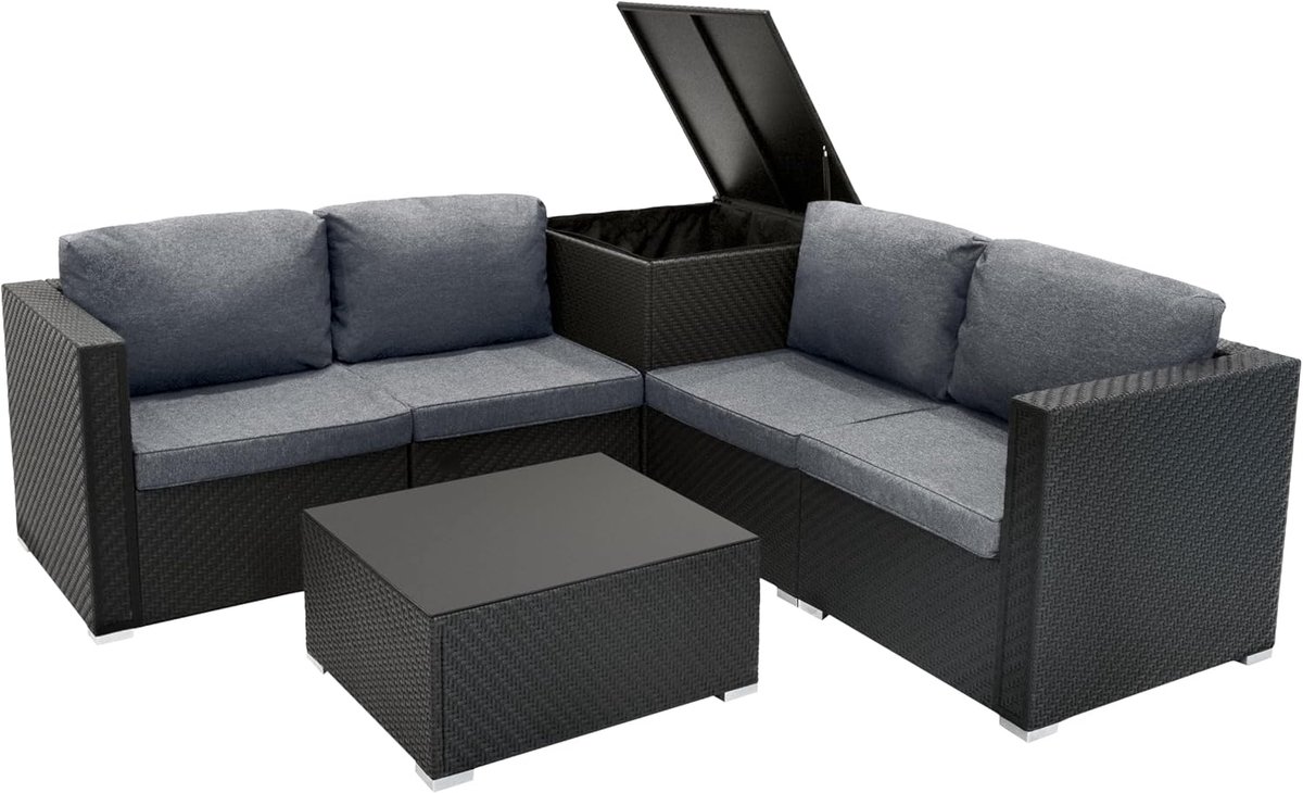 SnelShoppen - Rotan Modulaire Hoek Tuinmeubelen Tuinset 6-Delige Set, Zwarte 4-Zits Zitbank, Sectionele Stoelen met Kussens, Salontafel met Glazen Bla