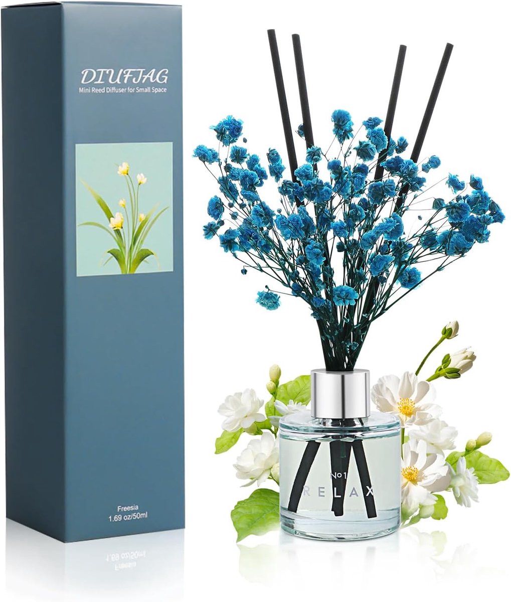 SnelShoppen - Freesia Reed Diffuser Set 50 ml - Geurverspreider met Gedroogde Bloem voor Badkamer of Kleine Ruimte - Tot 30 Dagen Aroma