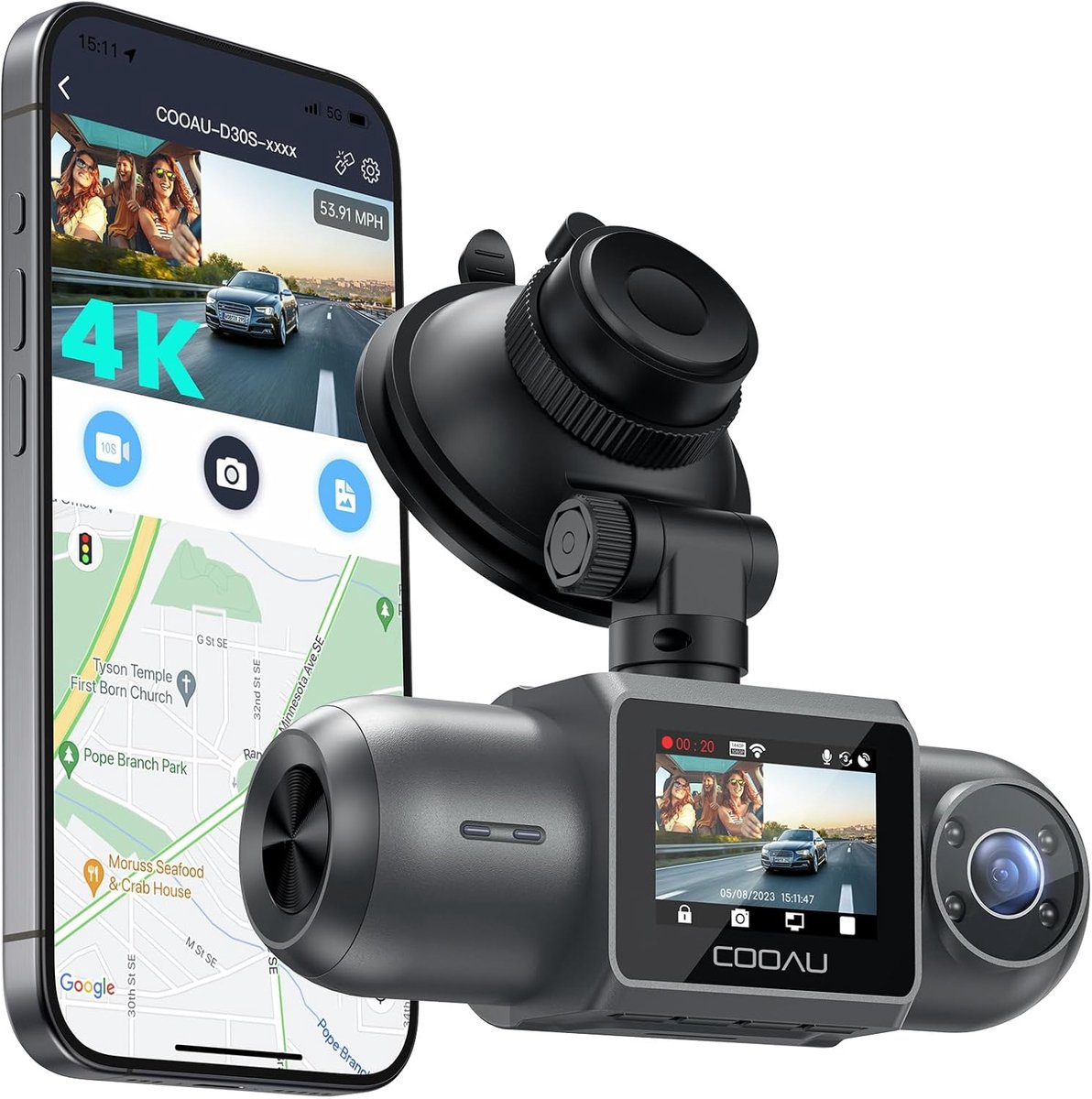SnelShoppen - 4K Dashcam Dual Camera met GPS, Wi-Fi, Infrarood Nachtzicht, G-sensor, Parkeermodus, 2.5K + 1080P Beeldkwaliteit, Groothoeklens 170°, Su
