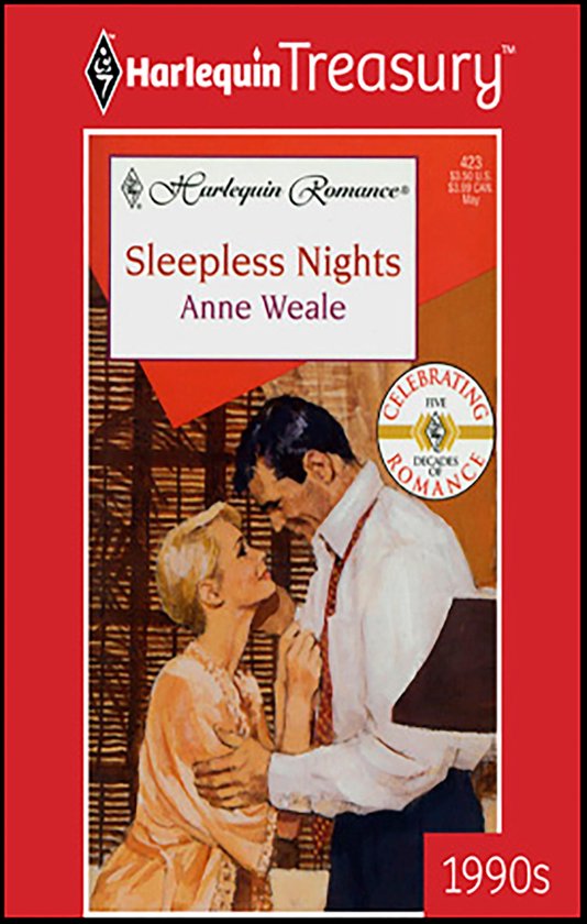 De cover van Harlequin Romance's 'Sleepless Nights' van Anne Weale, met een man en vrouw die elkaar innig aankijken. Tekst: 'Sleepless Nights', 'Anne Weale', 'Celebrating Five Decades of Romance', '1990s'.