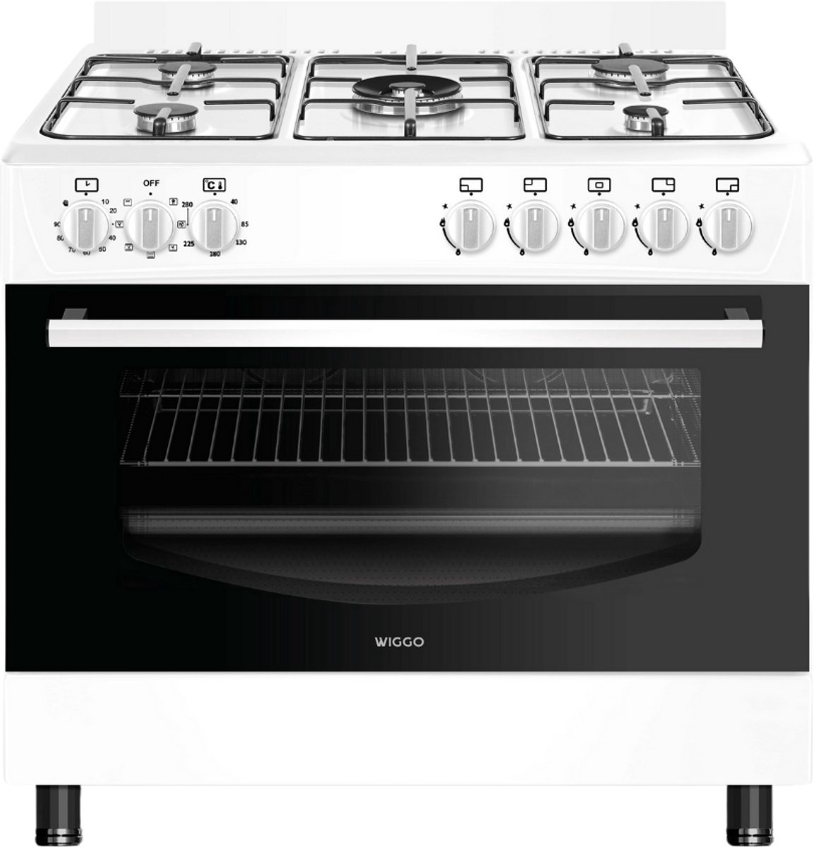Bol.com Wiggo WO-E905R(WW) - Gasfornuis - 5 Kookzones - 7 Ovenstanden - Wokbrander - Timer - 5 Jaar Garantie - Wit aanbieding