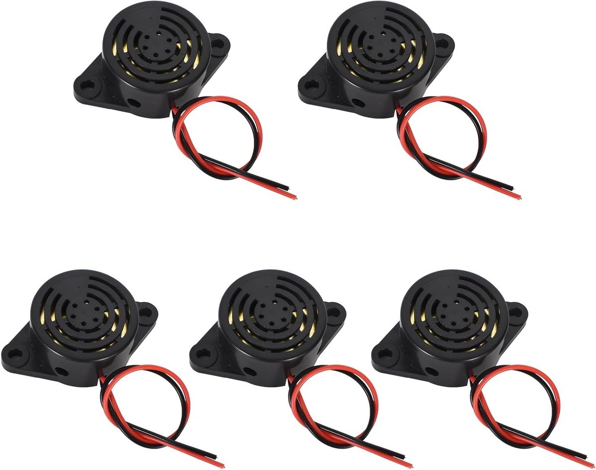 5 x Elektronisch Alarm 12 V, 95 dB Piezo Geluid, Continu Buzzer met 100 mm Kabel voor Beveiliging en Waarschuwing