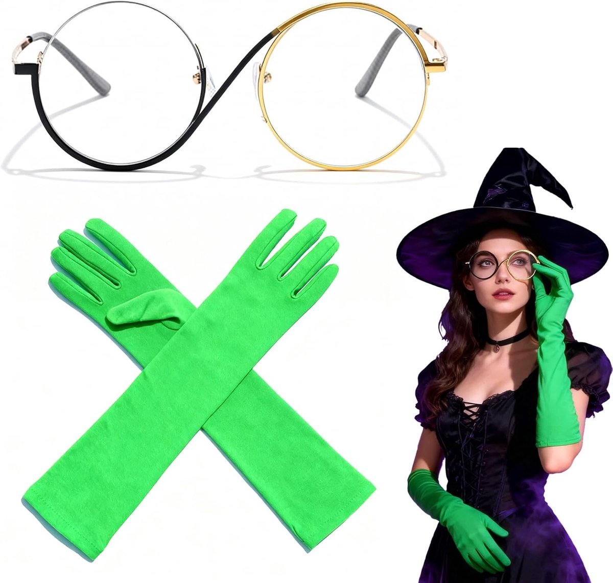 Witch Costume Accessoires met Groene Lange Handschoenen en Ronde Cosplay Bril voor Halloween en Carnaval, Perfect voor Feestjes en Theatrale Optredens