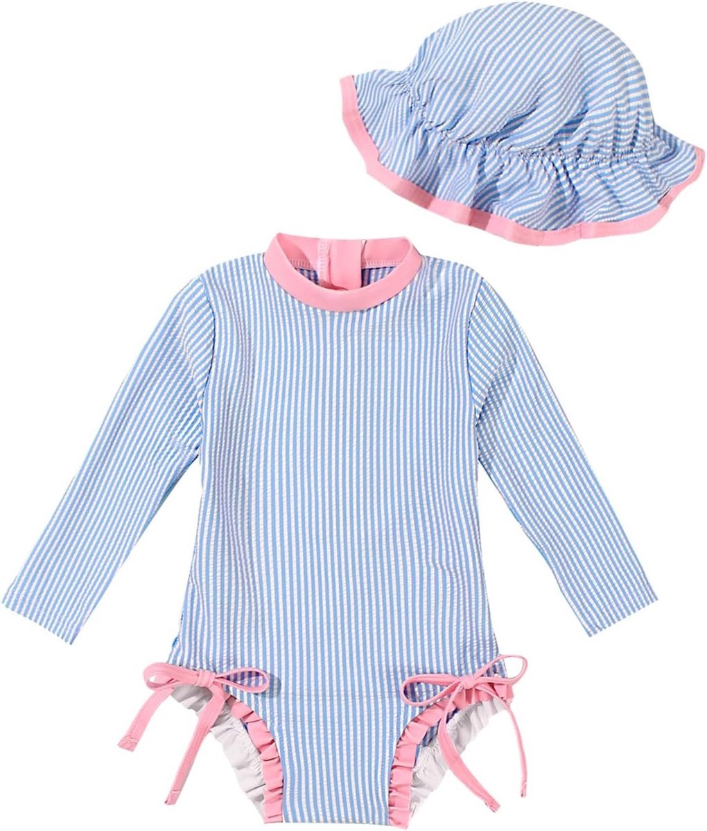 Zomerse Baby Meisjes Badpak met Lange Mouwen en Zonnehoed - UV Bescherming, Zwemkleding en Comfortabele Pasvorm