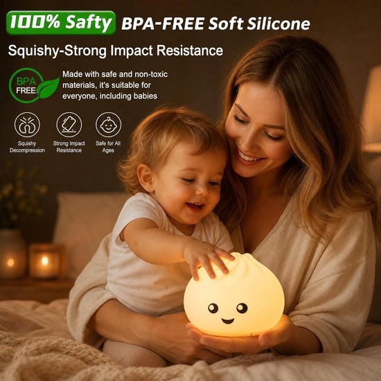 Dumpling Squishy Nachtlampje - Siliconen - Dimbaar Warm Licht - Draadloos - Voor Kinderen — afbeelding 2
