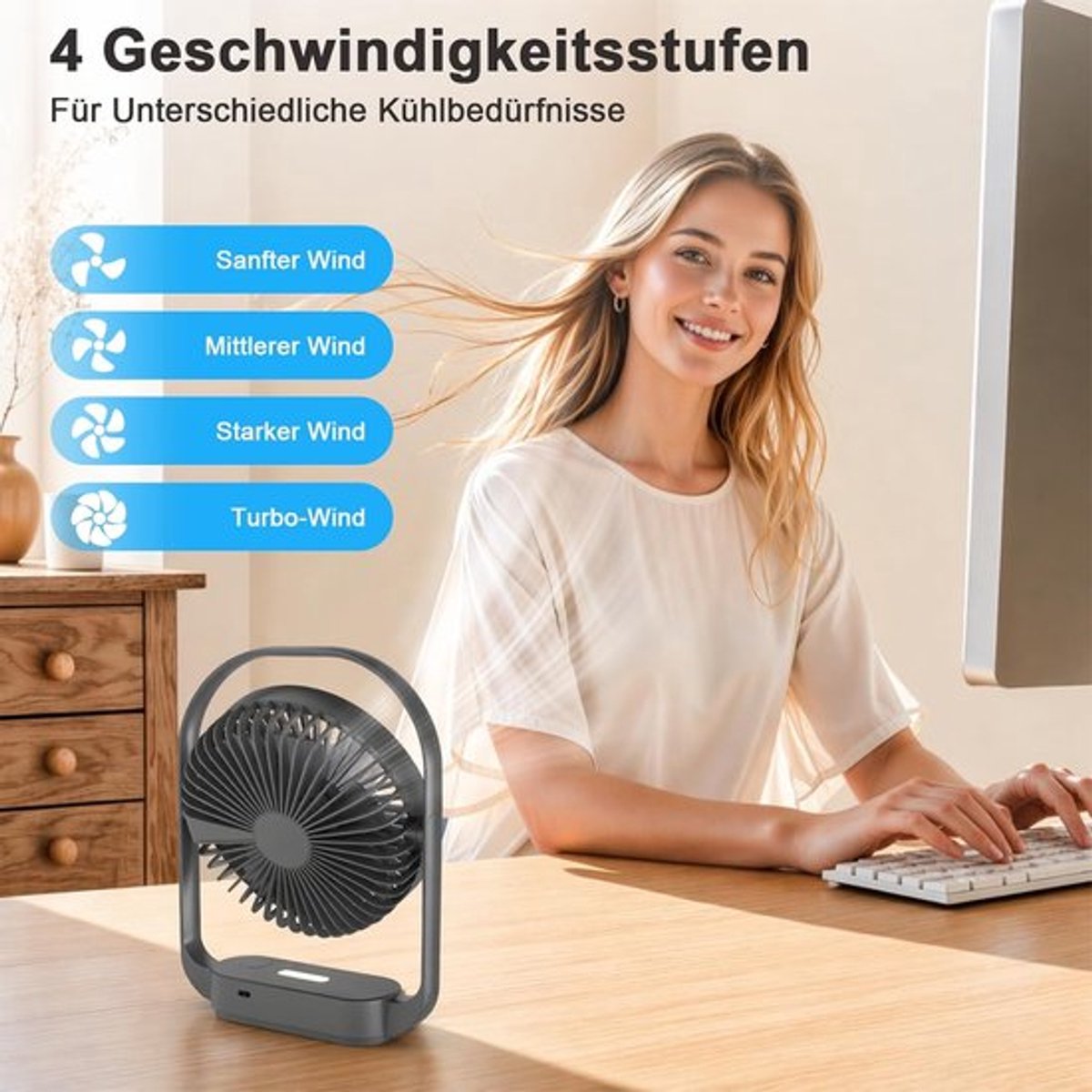 Solvix tafel ventilator geluidloos - Draadloze Tafelfan - 4000mAh Batterij thumbnail 2
