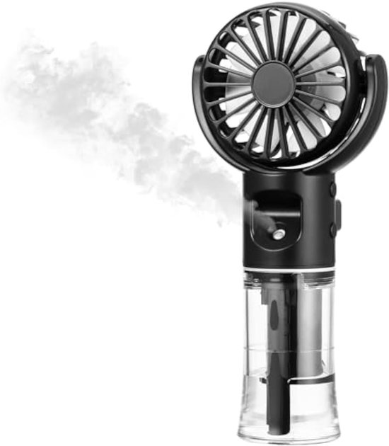 Draagbare elektrische handventilator met watersproeifunctie, oplaadbaar via mini-USB, 4 windsnelheden, werkt op batterijen, compact en draagbaar, geschikt voor vakantie, kantoor, buiten (zwart).