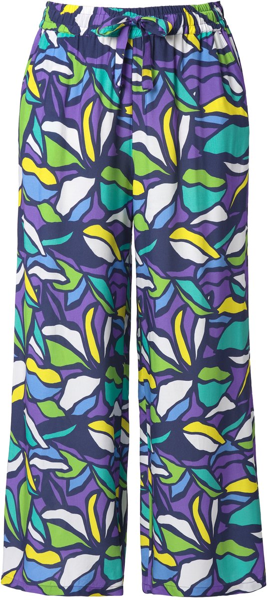 Ulla Popken - Dames - Broek bladeren wijde rechte pijpen elastische tailleband - Purper - Maat 42+
