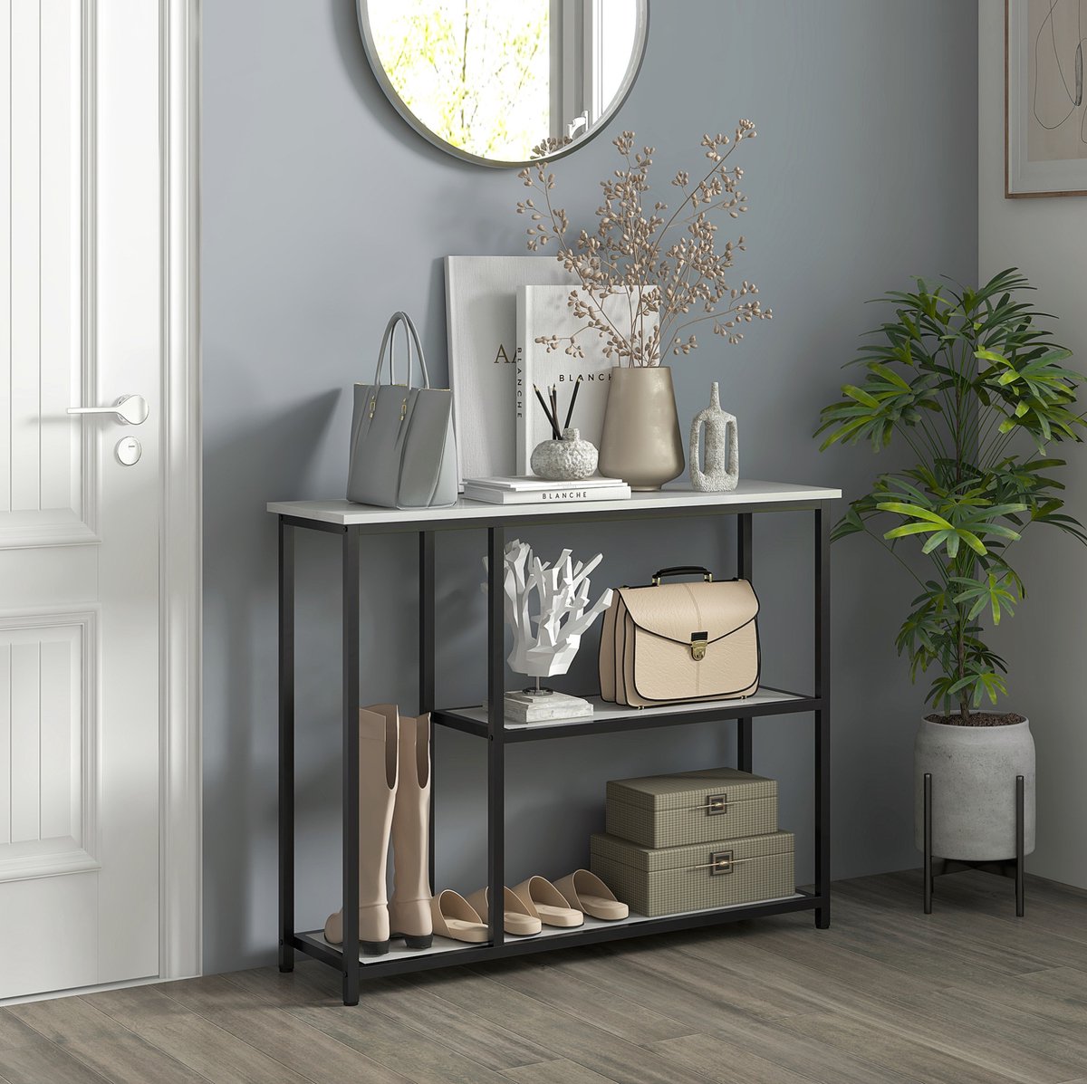 MEUNIQ Sidetable 100 x 30 x 80 cm met 2 open legplanken, stalen frame en kantelbeveiliging, moderne consoletafel voor hal, entree of woonkamer, wit