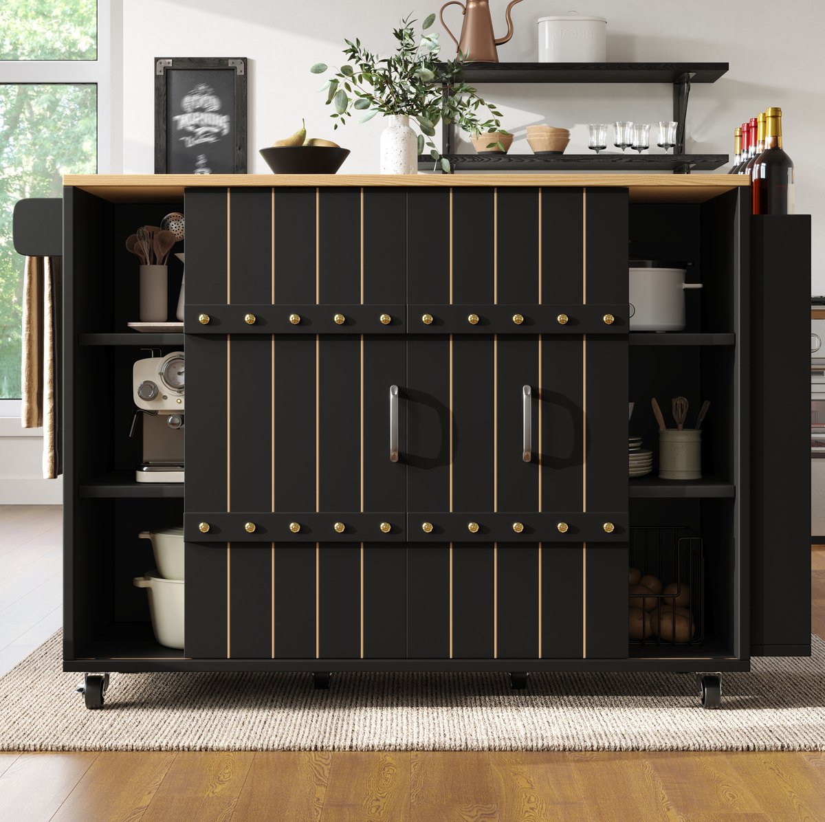 MEUNIQ keukenkast 110 x 42 x 90 cm met opklapbaar tafelblad, 3 lades, 2 schuifdeuren, zijrek, handdoekhouder en wieltjes, keukenwagen keukeneiland zwart