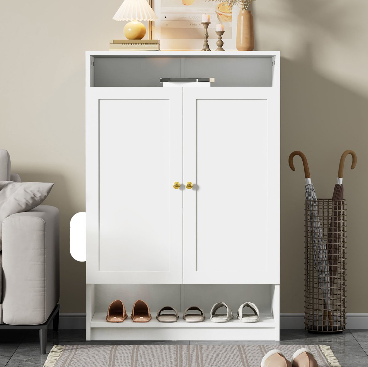 MEUNIQ schoenenkast 73 x 34 x 109 cm met 2 deuren, verstelbare planken, open vakken en metalen grepen, staande opbergkast voor hal of entree, wit