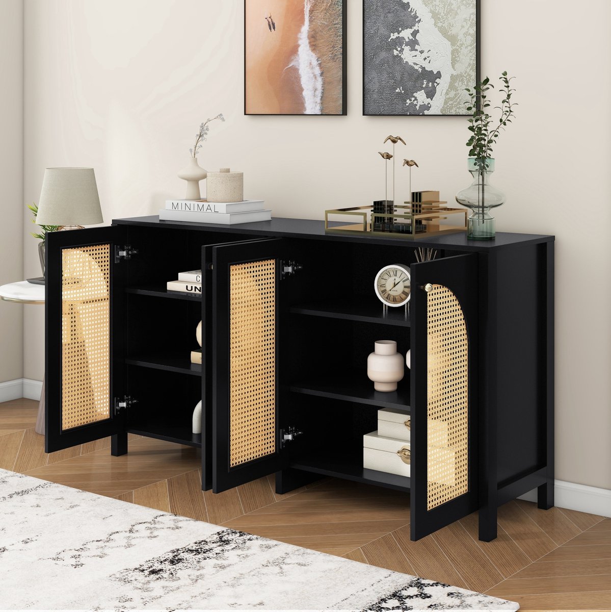 MEUNIQ dressoir 145 x 40 x 80 cm met 4 deuren in rotanlook, verstelbare plank, metalen handgrepen en opbergruimte voor woonkamer, eetkamer of keuken, zwart